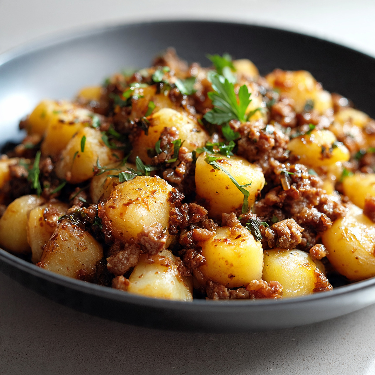 Cheesy One Pot Ground Beef and Potatoes Skillet